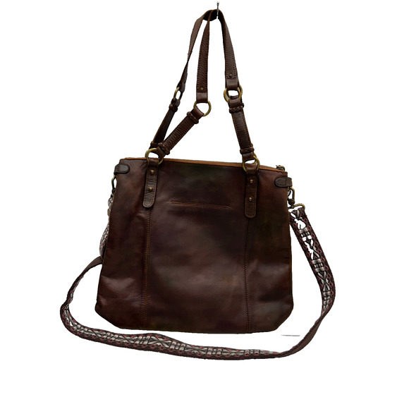 The Sak Brown Leather Boho Braided Strap Zip Pocket Tote Shoulder Crossbody Bag - Picture 1 of 16
